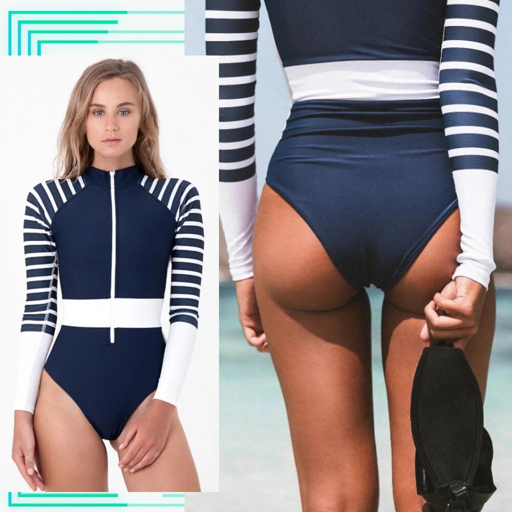 Flattering Nautical Long Sleeve Swimsuit